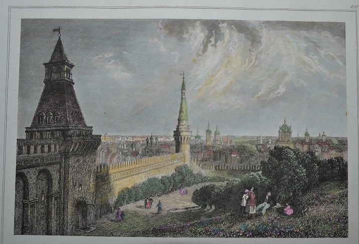 Старинная гравюра с видом на башни Кремля